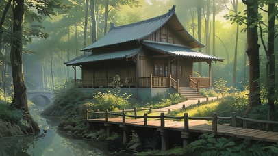 林间溪旁小屋