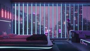 雨夜赛博朋克酒店房间
