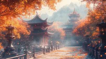 迷雾朦胧古建小镇秋日