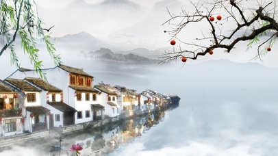 中国风 水墨画雨天小镇