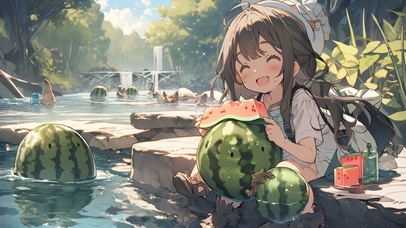 夏天西瓜女孩开心治愈