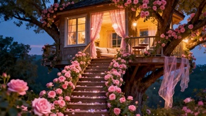 粉色月季花树屋