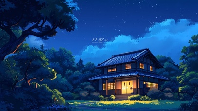 4K唯美治愈动漫星空森林木屋