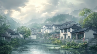 阴天里的古镇风景