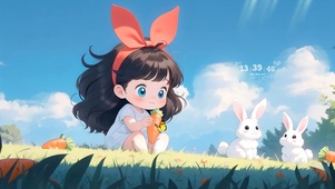 喂小兔的女孩