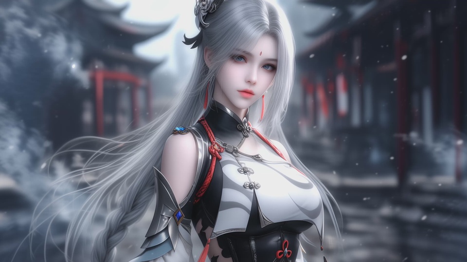 银白长发古风女性立于雪天古建街巷，身着黑白色古风护甲劲装，画面飘着细碎雪粒。