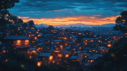 蓝调晚霞古镇建筑