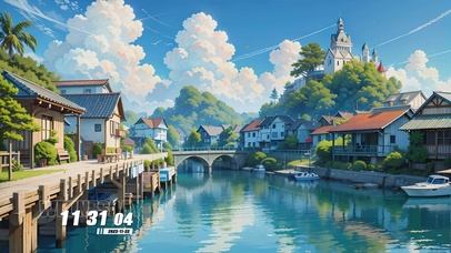 蓝天白云树木河流景色