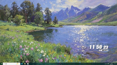 油画白云花草树木河流桌面主题