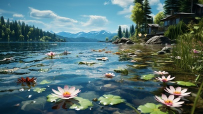 4K 荷塘景色 蓝天白云