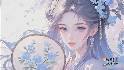 古风动漫少女-执扇蓝雪落眸间