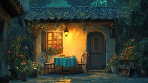 夜晚小屋门前的晚餐