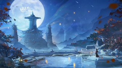 唯美月景下的古城与剑客