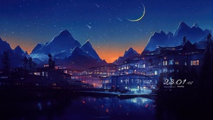 治愈唯美山边小镇星空