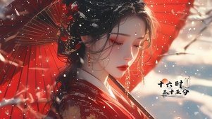 4K古风雪中撑伞美女