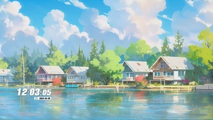 蓝天白云花草树木河流景色