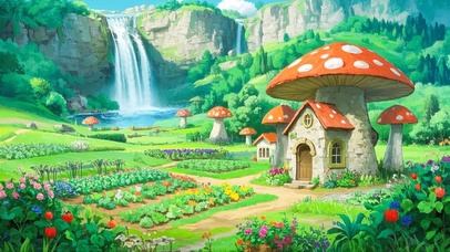 瀑布边的蘑菇小屋