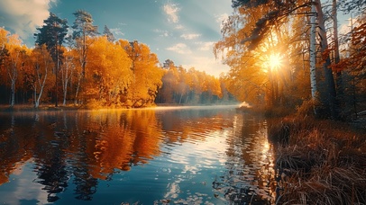 秋日金黄森林湖畔