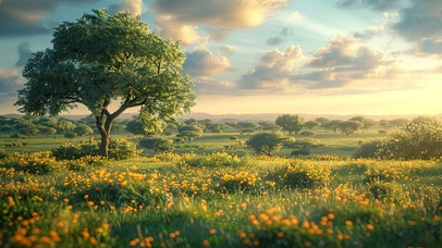 清新绿色草原孤树