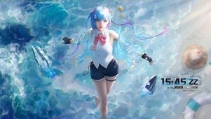 夏日海滩蓝色短发女孩4K