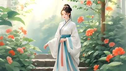 绿色护眼古风美女手绘花朵插画2