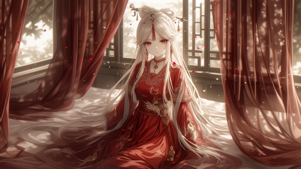 银发红衣古风女子坐于临窗软垫上，四周飘着红色花瓣，纱帘在身侧自然垂落。