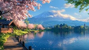 唯美樱花湖畔木屋