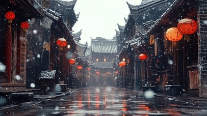 阴天雪日古镇无人街道