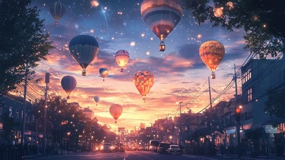 晚霞中的热气球街道