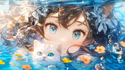 水下女孩和猫咪4K