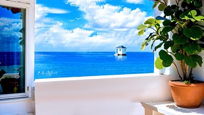 清新治愈窗外海上小白屋