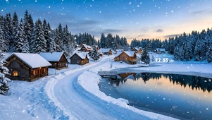 唯美雪夜湖泊村庄