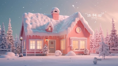 雪天可爱粉色小屋