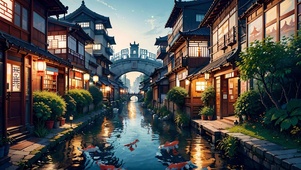 傍晚水乡河中锦鲤