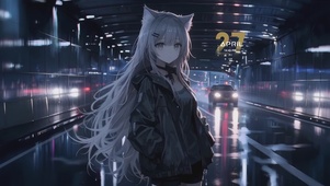 雨中街道猫耳少女