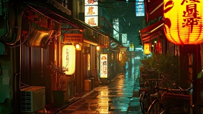 深夜雨中日式小巷