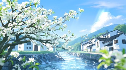 乡村河流梨花开