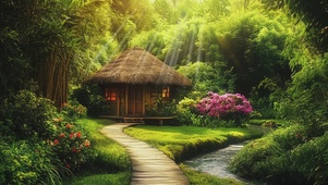 竹林唯美茅草屋