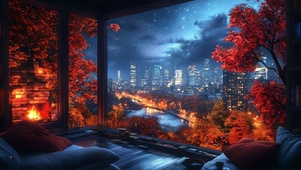 夜晚城市枫叶窗景