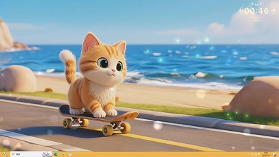 滑板小萌猫海边公路散步