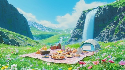 瀑布边野餐露营