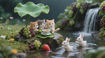 荷叶下的猫咪和玩水的兔子1