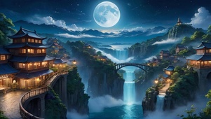 夜晚瀑布旁的村落