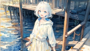 白发治愈湖边少女