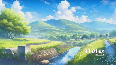 蓝天白云溪流景色