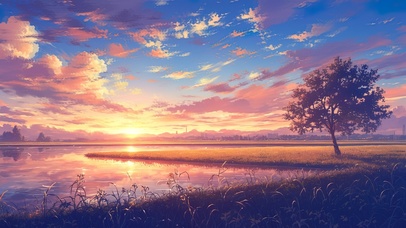 唯美治愈落日城市麦田湖畔