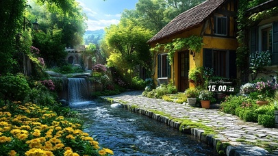 山间护眼房屋溪水