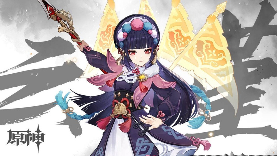 原神角色云堇身着紫调国风戏服，手持长柄武器，背景为浅灰白色书法大字与金色戏旗装饰，左下带有原神标识。