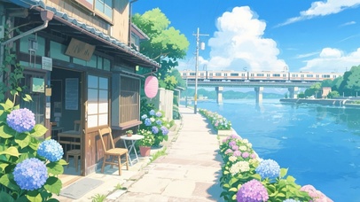 河边绣球花电车小屋