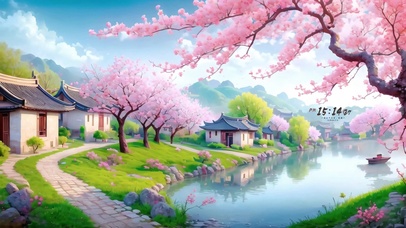 4k湖边樱花小镇